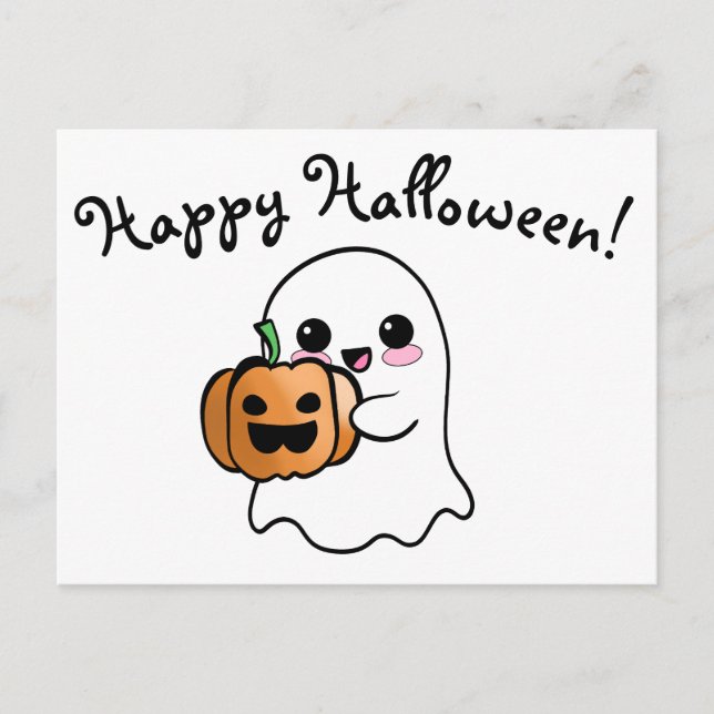 Cute Ghost and Pumpkin Happy Halloween Postcard (Front)