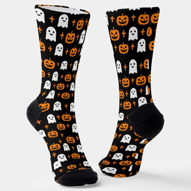 Cute Ghost and Pumpkin Pattern Halloween Crew Sock (Angled)