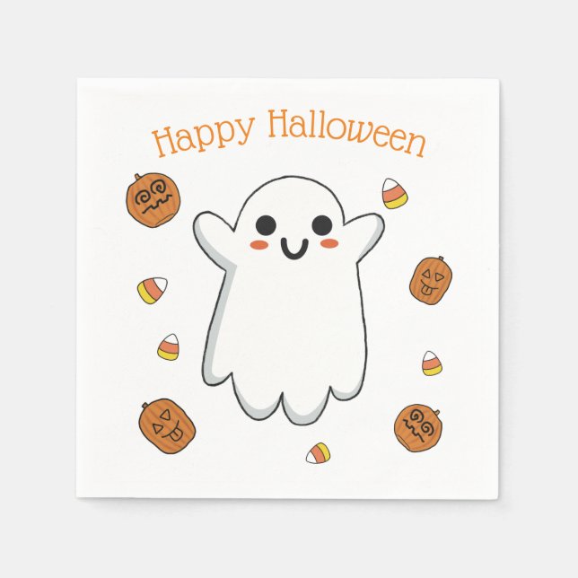 Cute Ghost and Pumpkins Halloween Paper Napkins (Front)