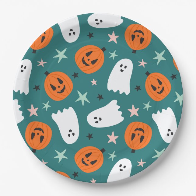 Cute Ghost and Pumpkins Halloween Paper Plates (Front)
