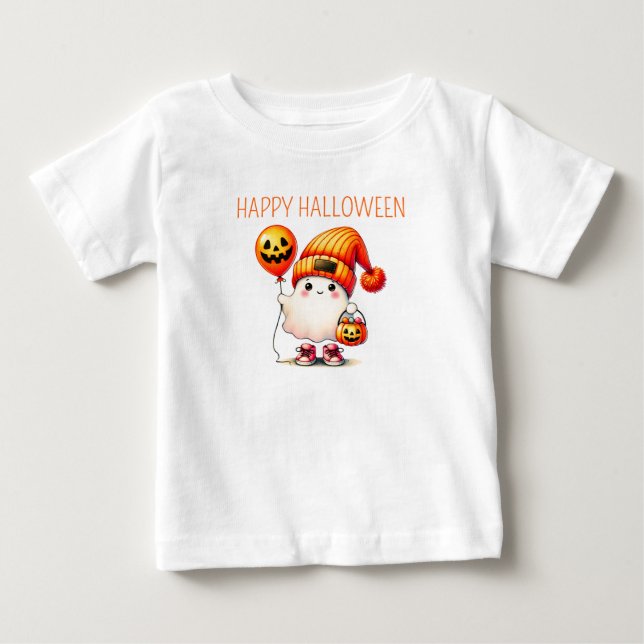 Cute Ghost and Pumpkins Kids Happy Halloween Baby T-Shirt (Front)