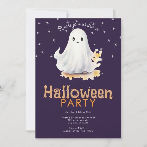 Cute Ghost and Stars Purple Halloween Party Invitation