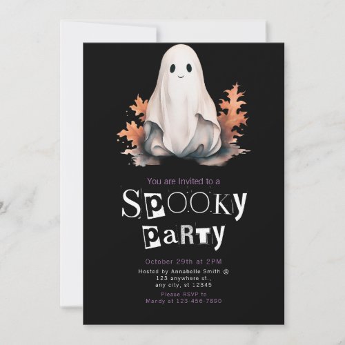 Cute Ghost Autumn Leaves Spooky Halloween Party Invitation
