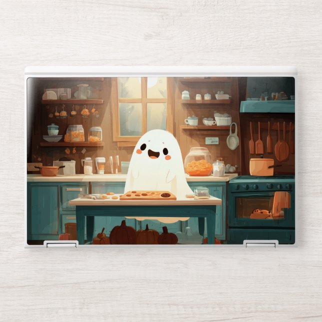 Cute Ghost Baking Cookies –Cozy Spooky Laptop Skin (Front)
