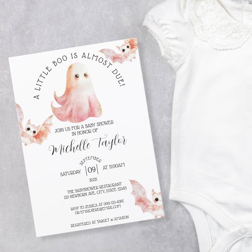 Cute Ghost Bat Little Boo Girl Baby Shower Invitation