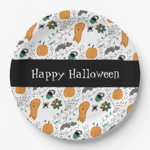 Cute Ghost Bat Pumpkin Happy Halloween Doodles Paper Plates
