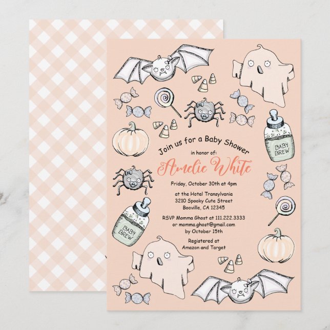 Cute Ghost, Bat & Spider Halloween Baby Shower Invitation (Front/Back)