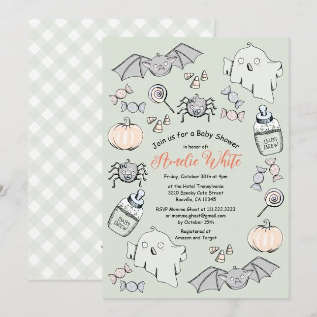 Cute Ghost, Bat & Spider Halloween Baby Shower Invitation (Front/Back)
