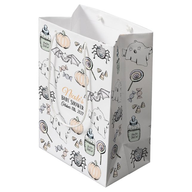 Cute Ghost, Bat & Spider Halloween Baby Shower Medium Gift Bag (Back Angled)