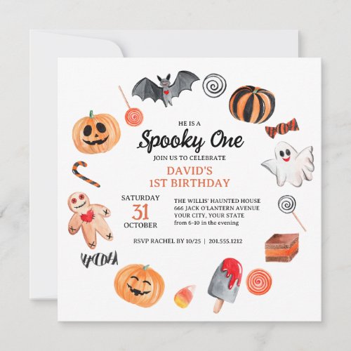 Cute Ghost Bat Sweets Halloween Spooky Birthday  Invitation