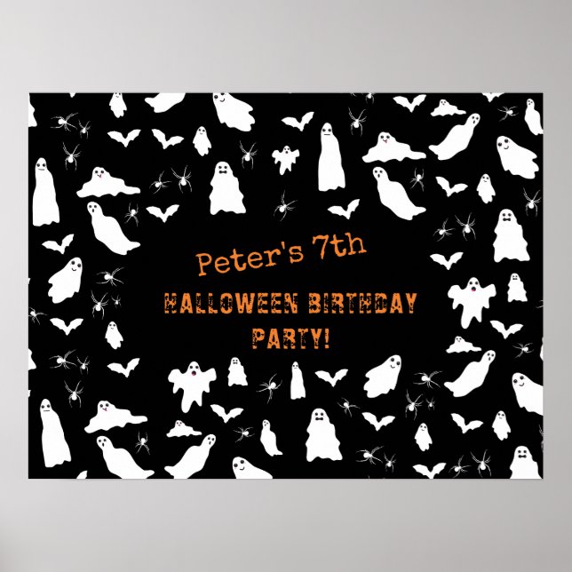 Cute Ghost, Bats & Spiders Halloween Birthday Poster (Front)