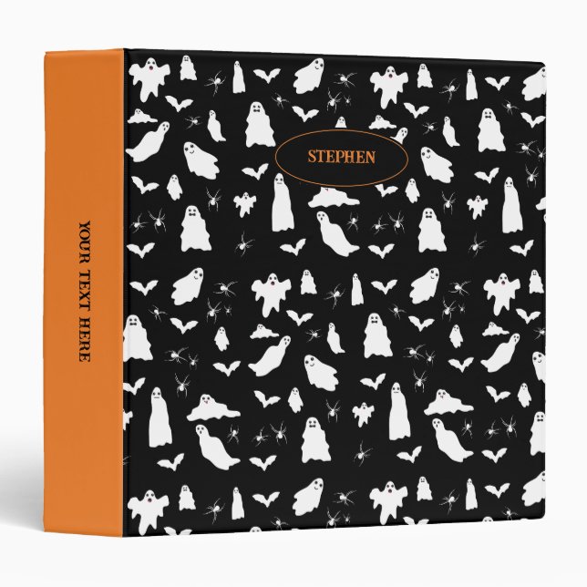 Cute Ghost, Bats & Spiders Halloween Pattern 3 Ring Binder (Front/Spine)