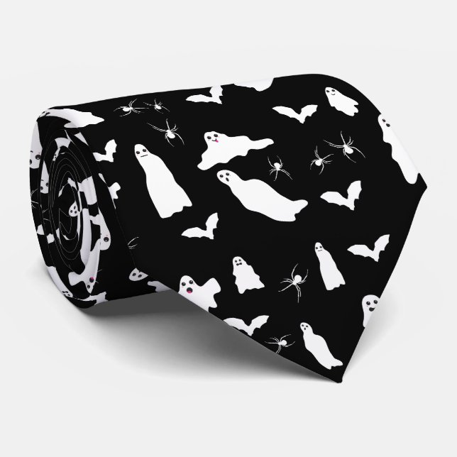 Cute Ghost, Bats & Spiders Halloween Pattern Neck Tie (Rolled)