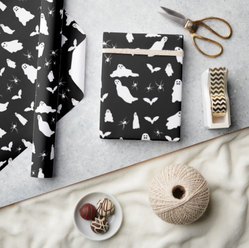 Cute Ghost Bats  Spiders Halloween Pattern Wrapping Paper