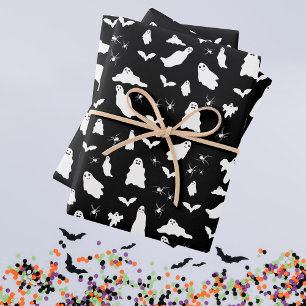 Cute Ghost, Bats & Spiders Halloween Pattern Wrapping Paper Sheets