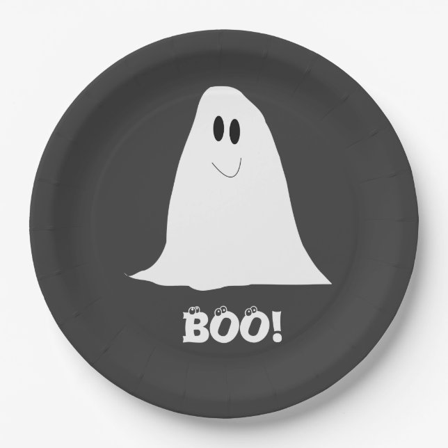 Cute Ghost Black and White Halloween Paper Plates (Front)