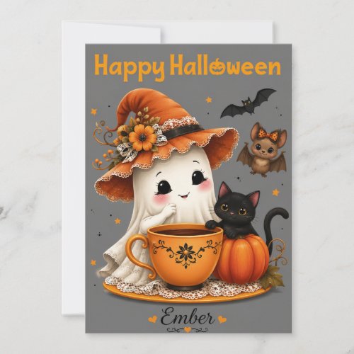 Cute Ghost & Black Cat Halloween Design Invitation