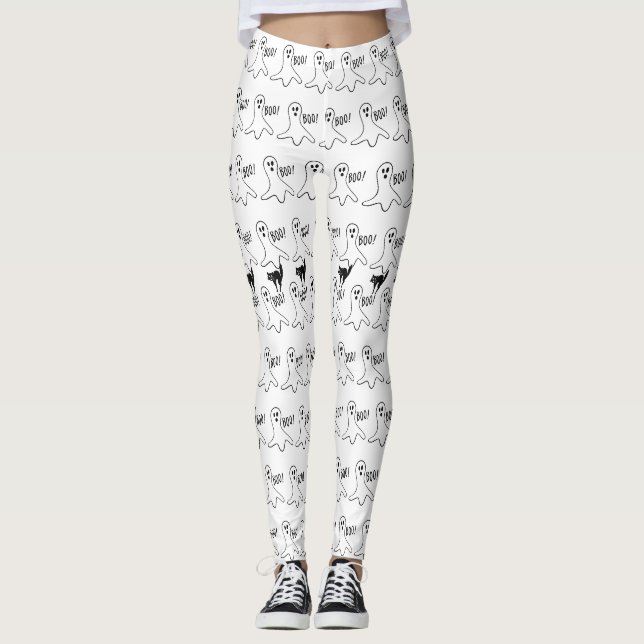 Cute Ghost Black Cat Halloween Leggings (Front)