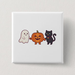 Cute Ghost Black Cat & Jack O Lantern Halloween Button