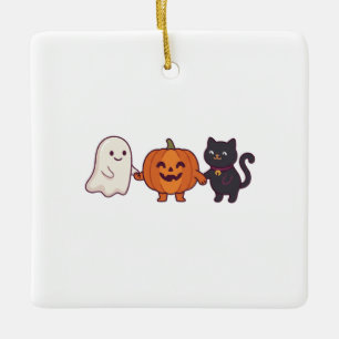 Cute Ghost Black Cat & Jack O Lantern Halloween Ceramic Ornament
