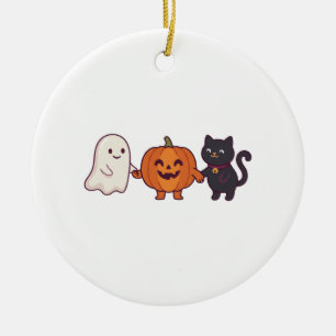 Cute Ghost Black Cat & Jack O Lantern Halloween Ceramic Ornament