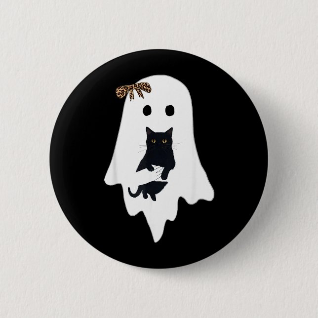 Cute Ghost Black Cat Leopard Bow Funny Spooky Button (Front)