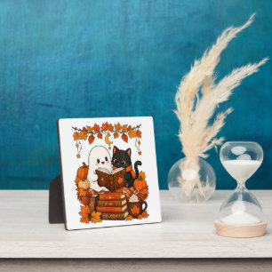 Cute Ghost Black Cat Reading Book Fall Autumn Plaque