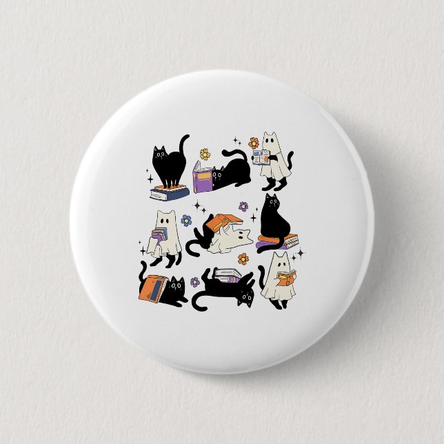 Cute Ghost Black Cat Reading Books Spooky Hallowee Button (Front)