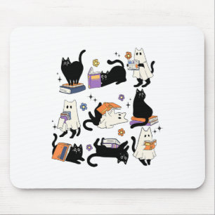 Cute Ghost Black Cat Reading Books Spooky Hallowee Mouse Pad