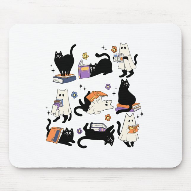 Cute Ghost Black Cat Reading Books Spooky Hallowee Mouse Pad (Front)