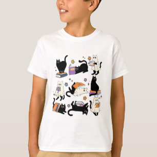 Cute Ghost Black Cat Reading Books Spooky Hallowee T-Shirt