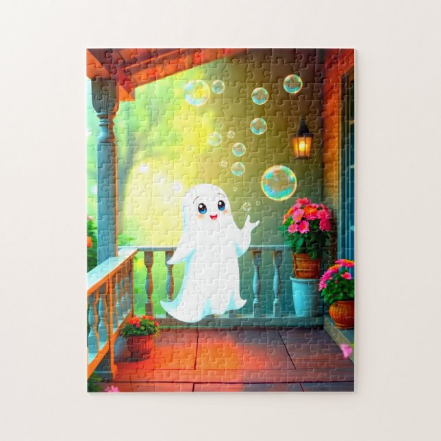 Cute ghost blowing bubbles on a porch jigsaw puzzle (Vertical)