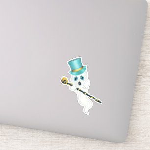 Cute Ghost Blue Eyes Top Hat Holding Skull Cane Sticker