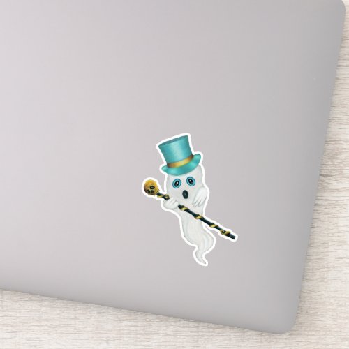 Cute Ghost Blue Eyes Top Hat Holding Skull Cane Sticker