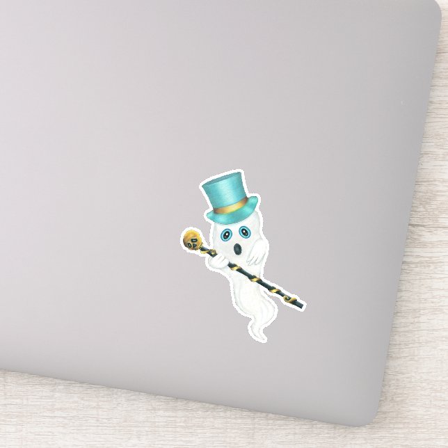 Cute Ghost Blue Eyes Top Hat Holding Skull Cane Sticker (Detail)