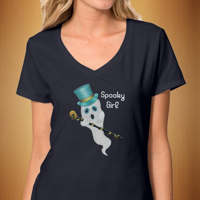 Cute Ghost Blue Top Hat Ornate Skull Cane Spooky (Spooky girl cute ghost blue eyes in top hat with gold black skull cane on womans tee shirt Halloween)