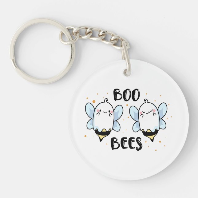 Cute Ghost Boo Bees - Funny Halloween on white Keychain (Front)