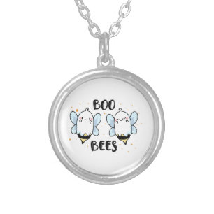 Cute Ghost Boo Bees - Funny Halloween on white Silver Plated Necklace