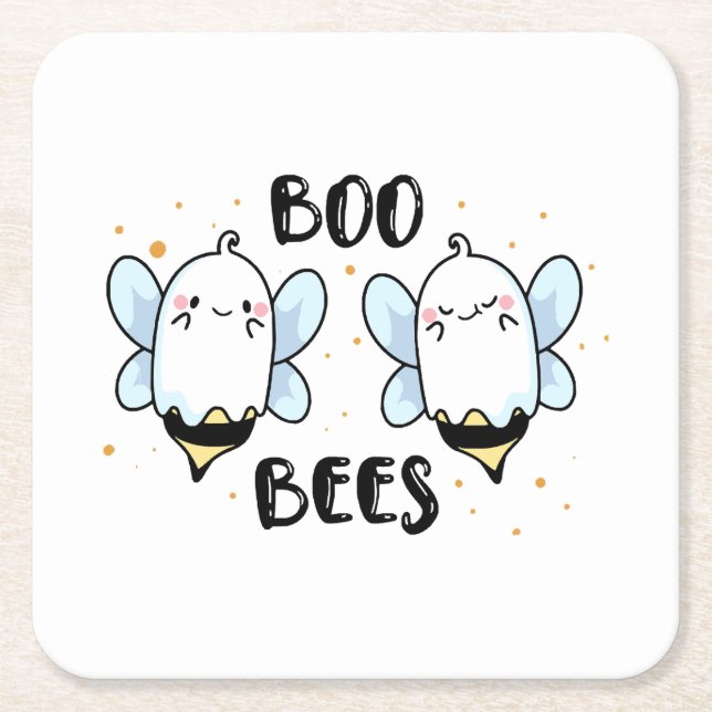 Cute Ghost Boo Bees - Funny Halloween on white  Square Paper Coaster (Front)