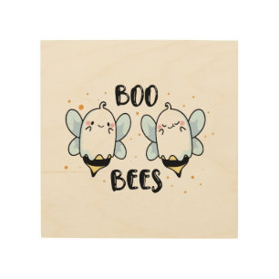 Cute Ghost Boo Bees - Funny Halloween on white Wood Wall Art
