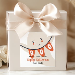 CUTE GHOST BOO HALLOWEEN KIDS TREAT SQUARE STICKER