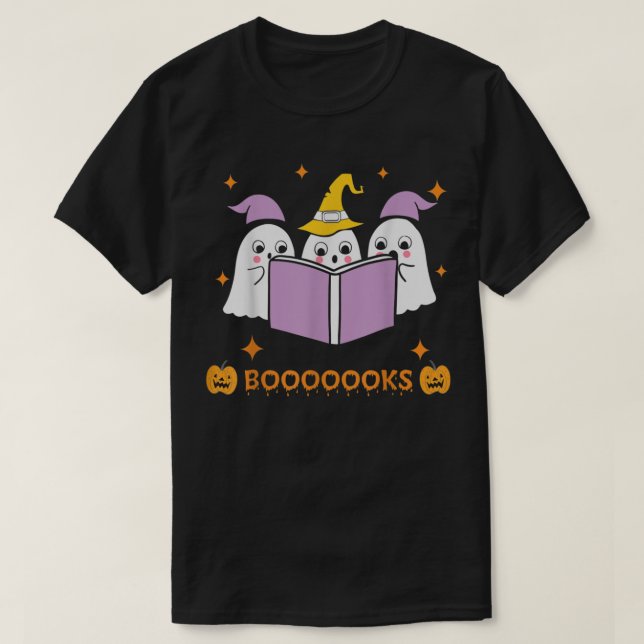 Cute Ghost Book Reading Halloween Teacher Funny Ha T-Shirt (Design Front)