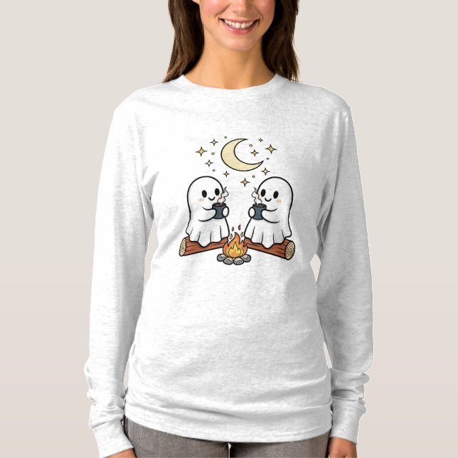 Cute Ghost Campfire Cozy Halloween Long Sleeve Tee (Front)