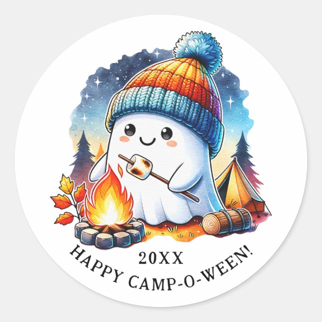 Cute Ghost Camping Halloween Happy Camp-o-ween Classic Round Sticker (Front)