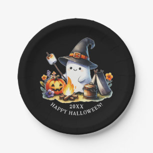 Cute Ghost Camping Happy Halloween Black Paper Plates