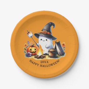 Cute Ghost Camping Happy Halloween Orange Paper Plates