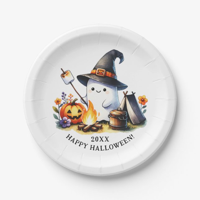 Cute Ghost Camping Happy Halloween Paper Plates (Front)