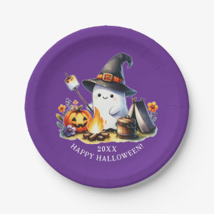 Cute Ghost Camping Happy Halloween Purple Paper Plates