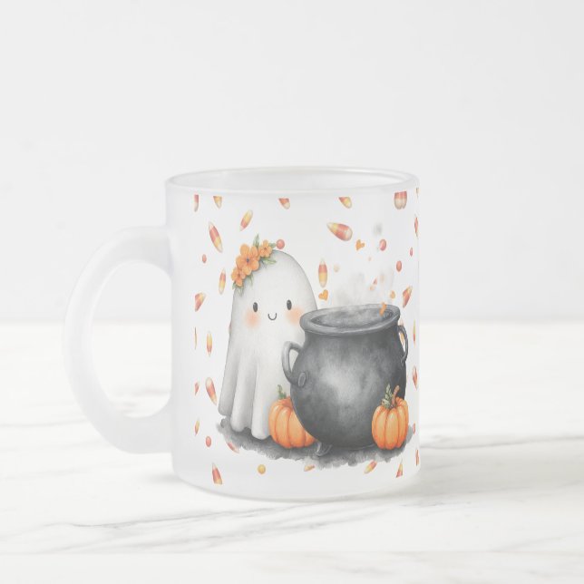 Cute Ghost Candy Custom Cauldron Frosted Glass Coffee Mug (Left)