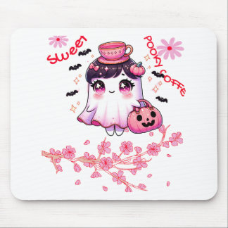 Cute Ghost Carrying Coffee | Sweet Spooky Coffee Mouse Pad